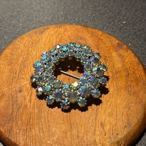 Vintage Blue Aurora Borealis Rhinestone Circle Brooch Pin